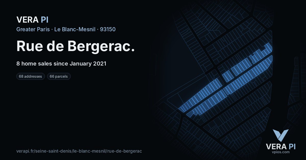Rue de Bergerac, Le Blanc-Mesnil at night – every parcel coloured by the prices around it, the street's own parcels lit