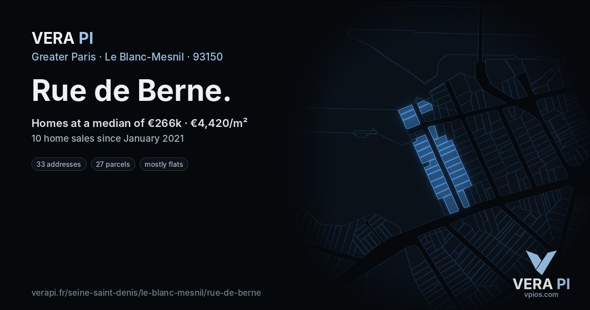 Rue de Berne, Le Blanc-Mesnil at night – every parcel coloured by the prices around it, the street's own parcels lit