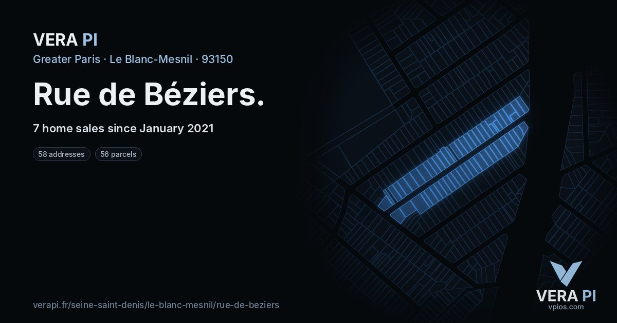 Rue de Béziers, Le Blanc-Mesnil at night – every parcel coloured by the prices around it, the street's own parcels lit