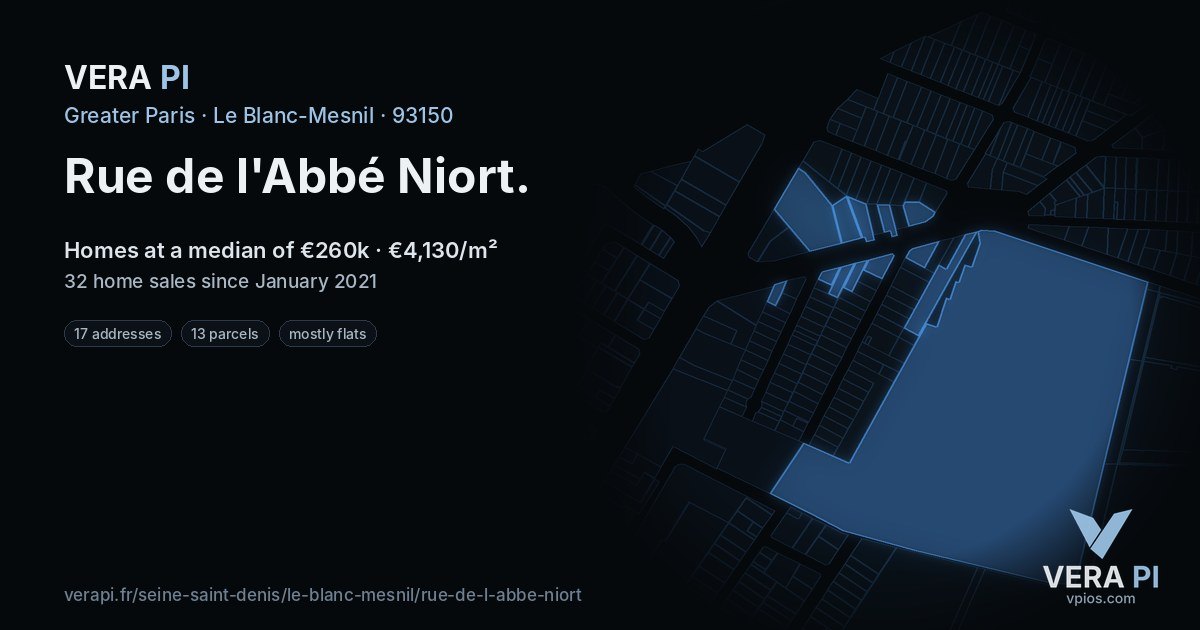 Rue de l'Abbé Niort, Le Blanc-Mesnil at night – every parcel coloured by the prices around it, the street's own parcels lit