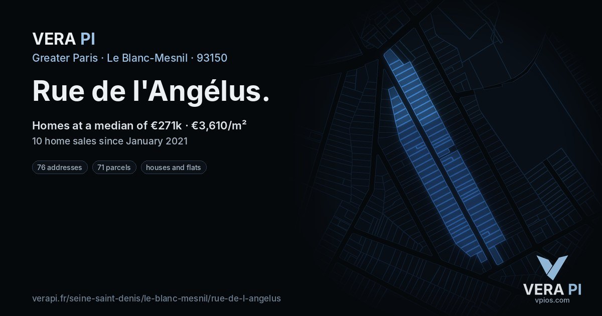 Rue de l'Angélus, Le Blanc-Mesnil at night – every parcel coloured by the prices around it, the street's own parcels lit