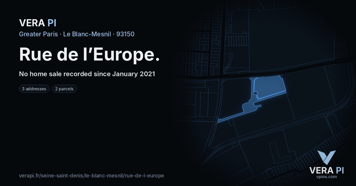 Rue de l’Europe, Le Blanc-Mesnil at night – every parcel coloured by the prices around it, the street's own parcels lit
