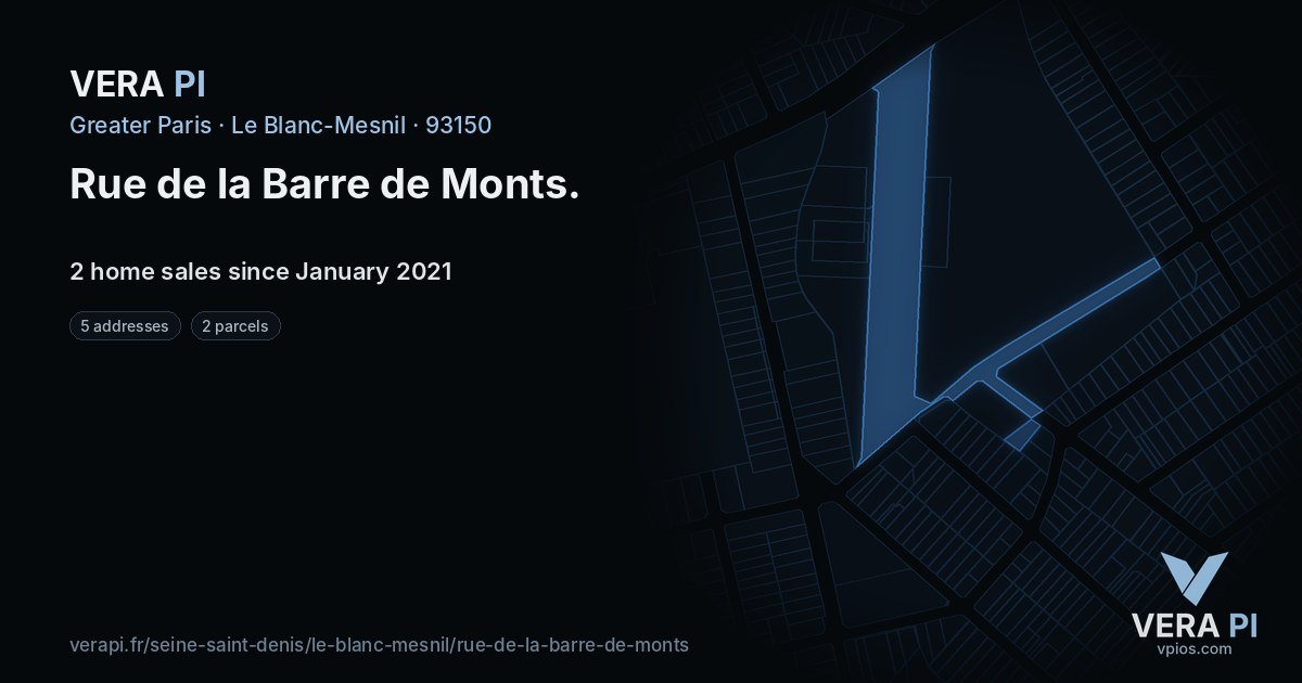Rue de la Barre de Monts, Le Blanc-Mesnil at night – every parcel coloured by the prices around it, the street's own parcels lit