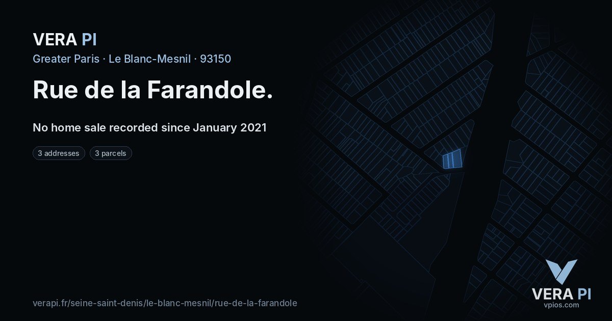 Rue de la Farandole, Le Blanc-Mesnil at night – every parcel coloured by the prices around it, the street's own parcels lit