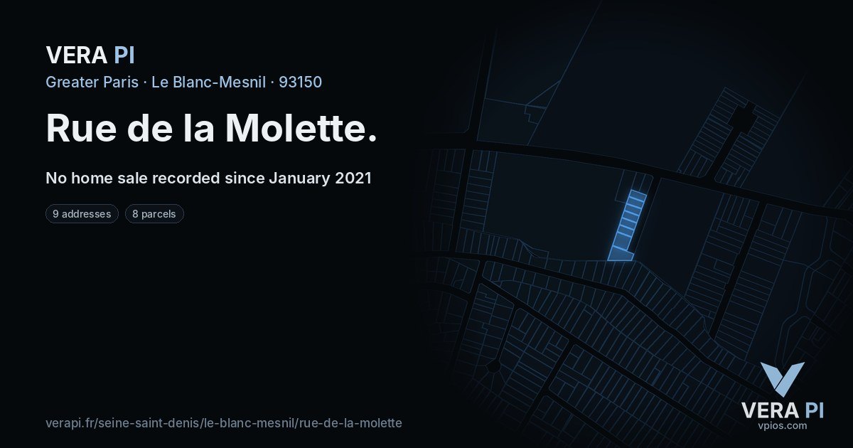 Rue de la Molette, Le Blanc-Mesnil at night – every parcel coloured by the prices around it, the street's own parcels lit