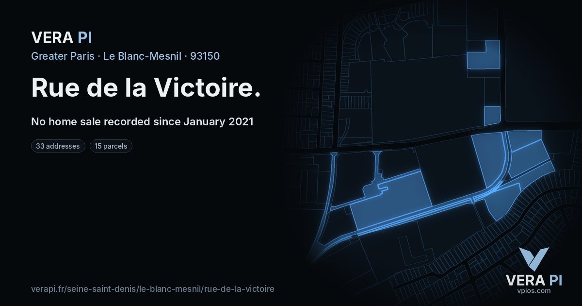 Rue de la Victoire, Le Blanc-Mesnil at night – every parcel coloured by the prices around it, the street's own parcels lit