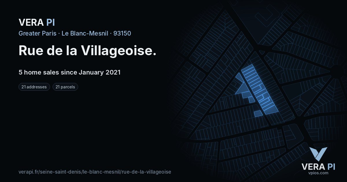 Rue de la Villageoise, Le Blanc-Mesnil at night – every parcel coloured by the prices around it, the street's own parcels lit