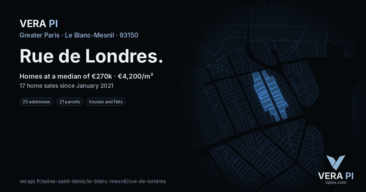 Rue de Londres, Le Blanc-Mesnil at night – every parcel coloured by the prices around it, the street's own parcels lit