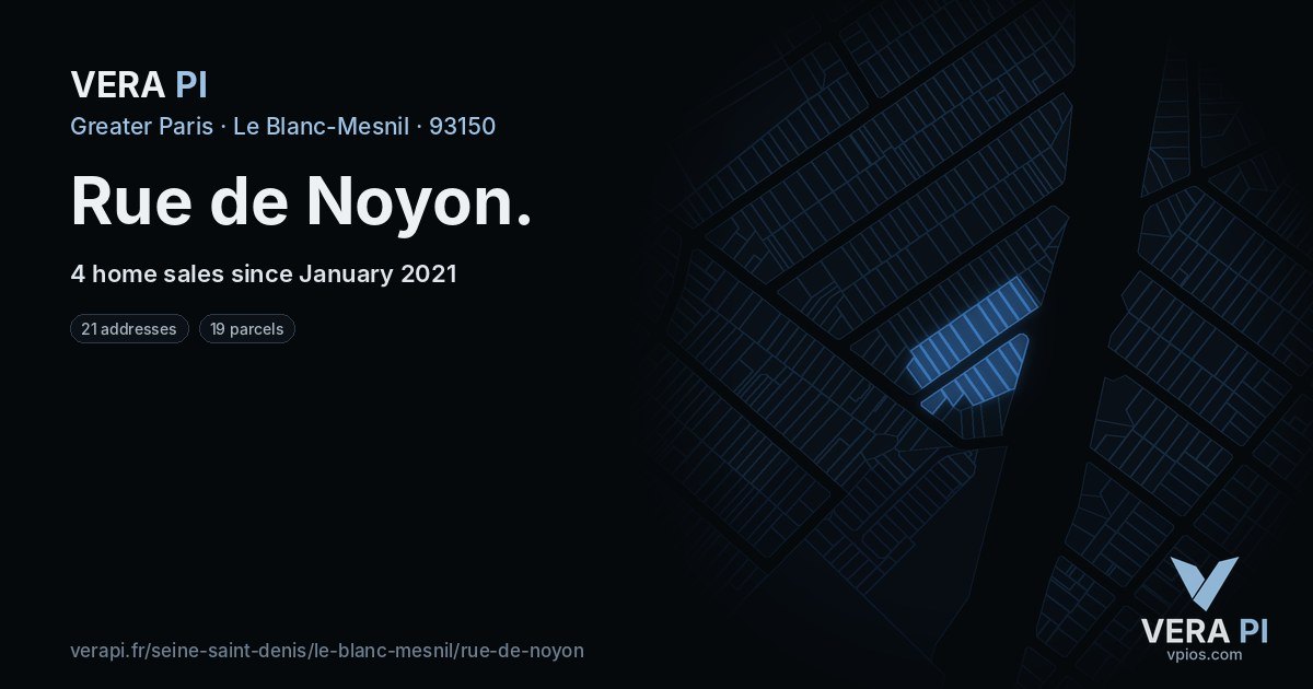 Rue de Noyon, Le Blanc-Mesnil at night – every parcel coloured by the prices around it, the street's own parcels lit