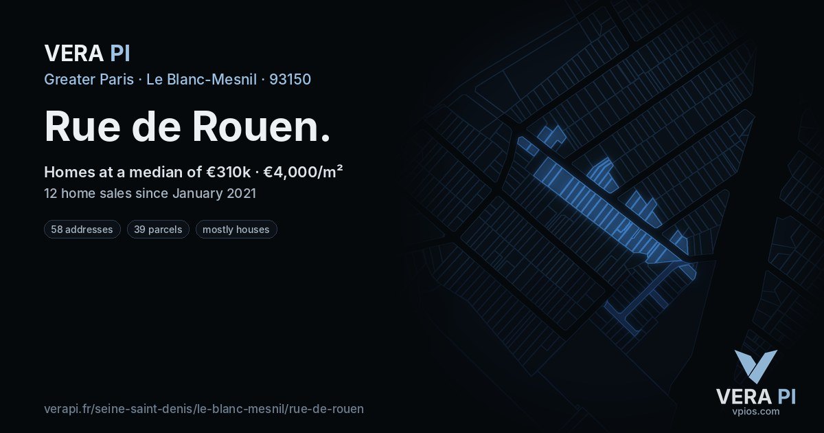 Rue de Rouen, Le Blanc-Mesnil at night – every parcel coloured by the prices around it, the street's own parcels lit