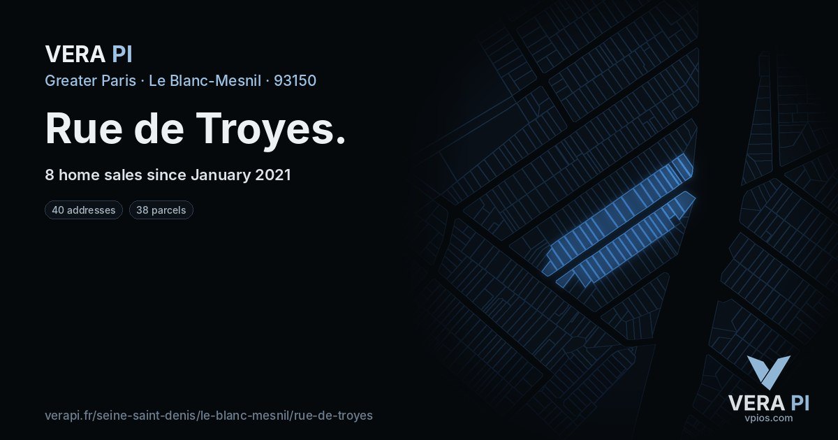 Rue de Troyes, Le Blanc-Mesnil at night – every parcel coloured by the prices around it, the street's own parcels lit