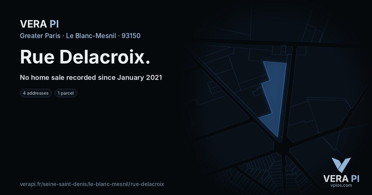 Rue Delacroix, Le Blanc-Mesnil at night – every parcel coloured by the prices around it, the street's own parcels lit