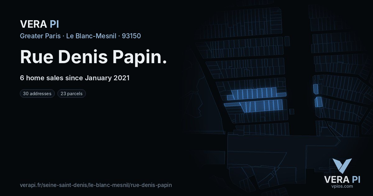 Rue Denis Papin, Le Blanc-Mesnil at night – every parcel coloured by the prices around it, the street's own parcels lit