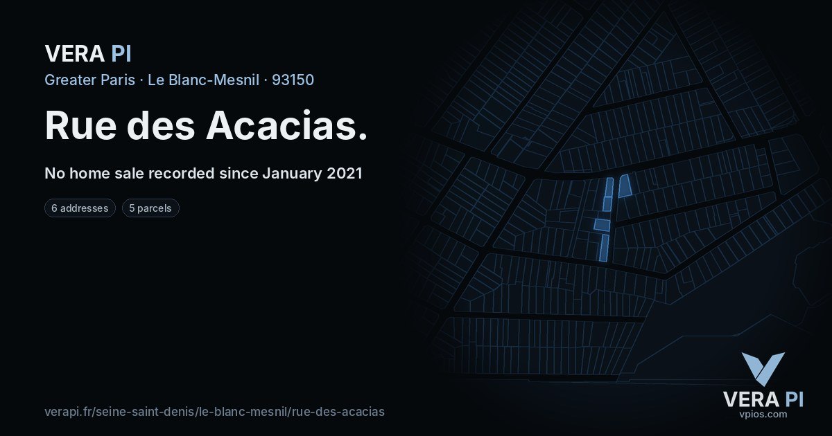 Rue des Acacias, Le Blanc-Mesnil at night – every parcel coloured by the prices around it, the street's own parcels lit