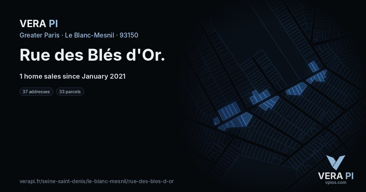 Rue des Blés d'Or, Le Blanc-Mesnil at night – every parcel coloured by the prices around it, the street's own parcels lit