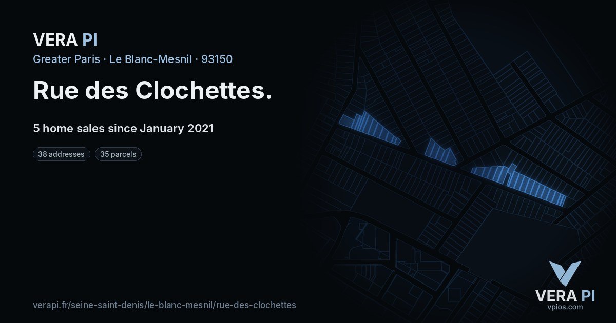 Rue des Clochettes, Le Blanc-Mesnil at night – every parcel coloured by the prices around it, the street's own parcels lit