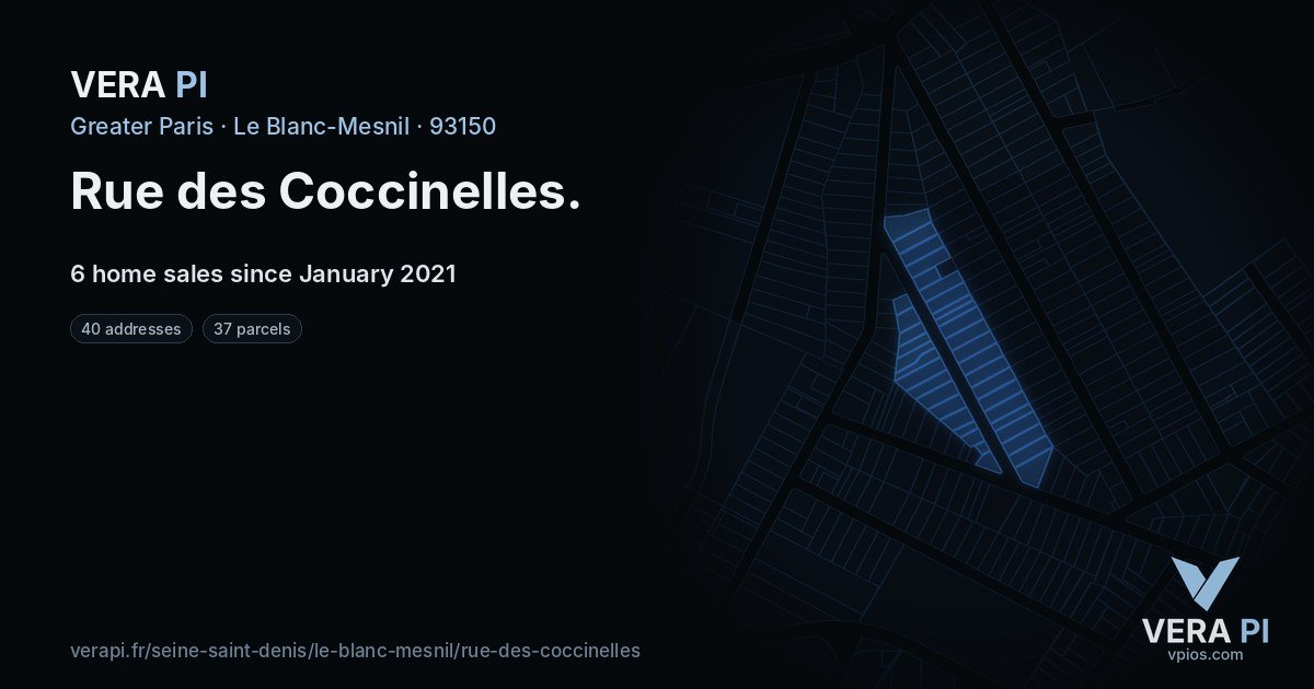 Rue des Coccinelles, Le Blanc-Mesnil at night – every parcel coloured by the prices around it, the street's own parcels lit
