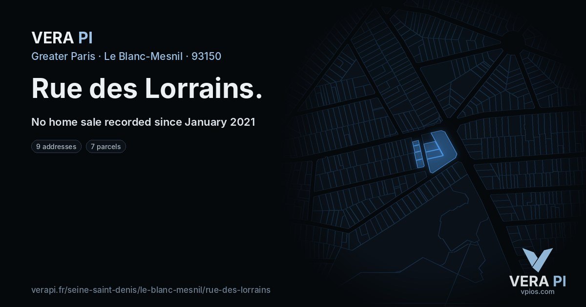 Rue des Lorrains, Le Blanc-Mesnil at night – every parcel coloured by the prices around it, the street's own parcels lit
