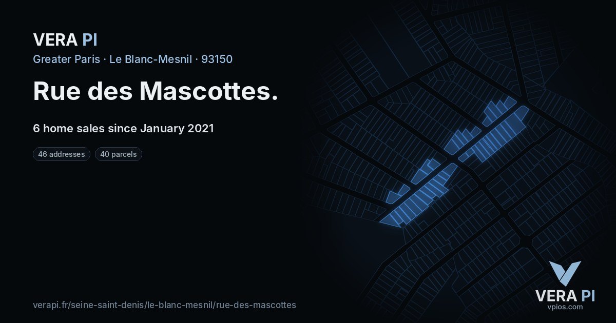 Rue des Mascottes, Le Blanc-Mesnil at night – every parcel coloured by the prices around it, the street's own parcels lit