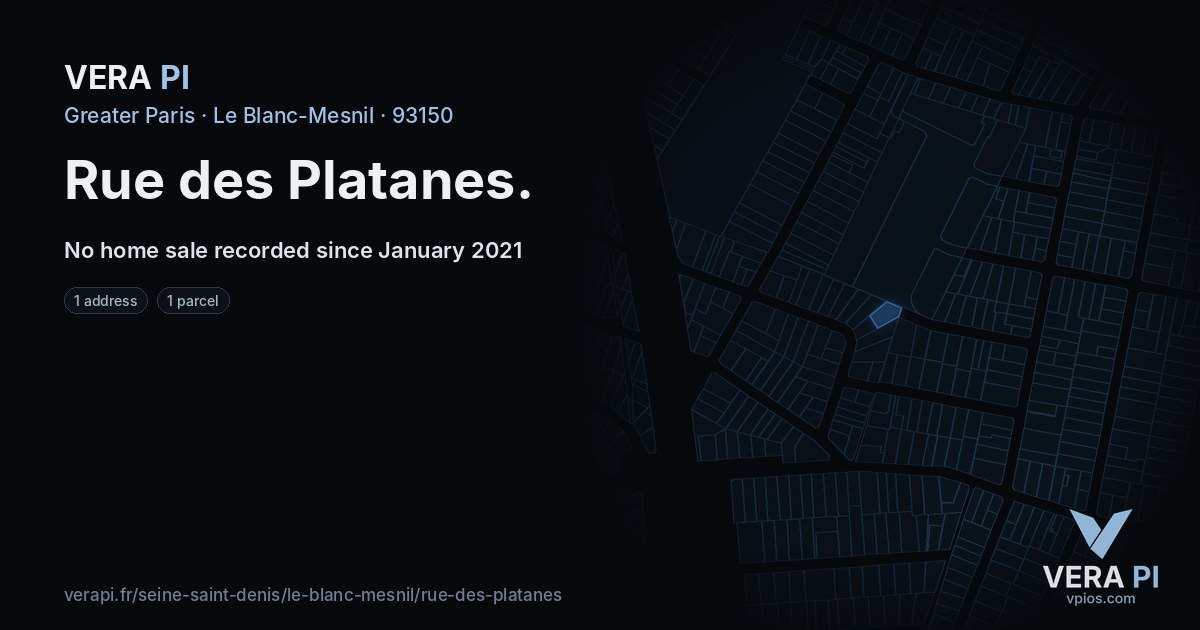 Rue des Platanes, Le Blanc-Mesnil at night – every parcel coloured by the prices around it, the street's own parcels lit
