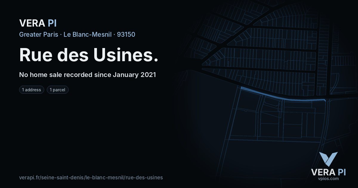 Rue des Usines, Le Blanc-Mesnil at night – every parcel coloured by the prices around it, the street's own parcels lit