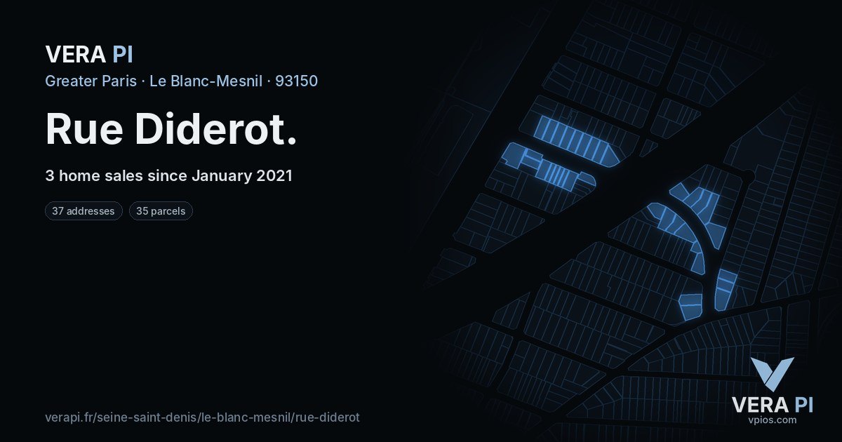 Rue Diderot, Le Blanc-Mesnil at night – every parcel coloured by the prices around it, the street's own parcels lit