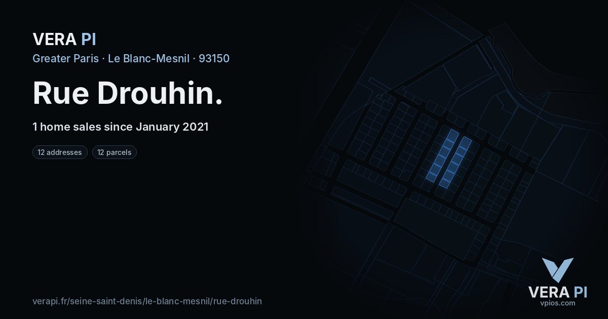 Rue Drouhin, Le Blanc-Mesnil at night – every parcel coloured by the prices around it, the street's own parcels lit