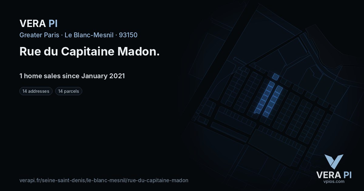 Rue du Capitaine Madon, Le Blanc-Mesnil at night – every parcel coloured by the prices around it, the street's own parcels lit