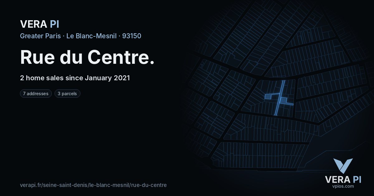 Rue du Centre, Le Blanc-Mesnil at night – every parcel coloured by the prices around it, the street's own parcels lit