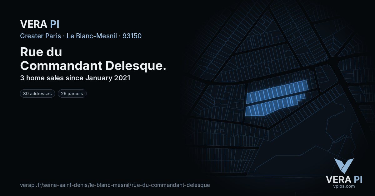 Rue du Commandant Delesque, Le Blanc-Mesnil at night – every parcel coloured by the prices around it, the street's own parcels lit