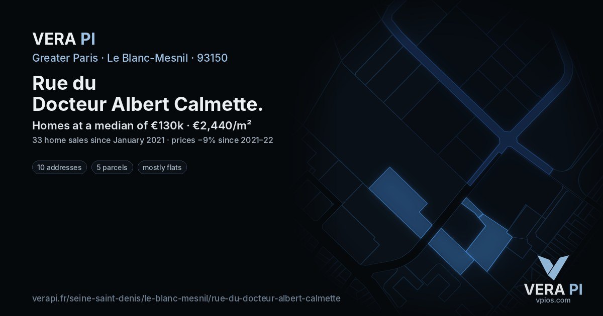 Rue du Docteur Albert Calmette, Le Blanc-Mesnil at night – every parcel coloured by the prices around it, the street's own parcels lit