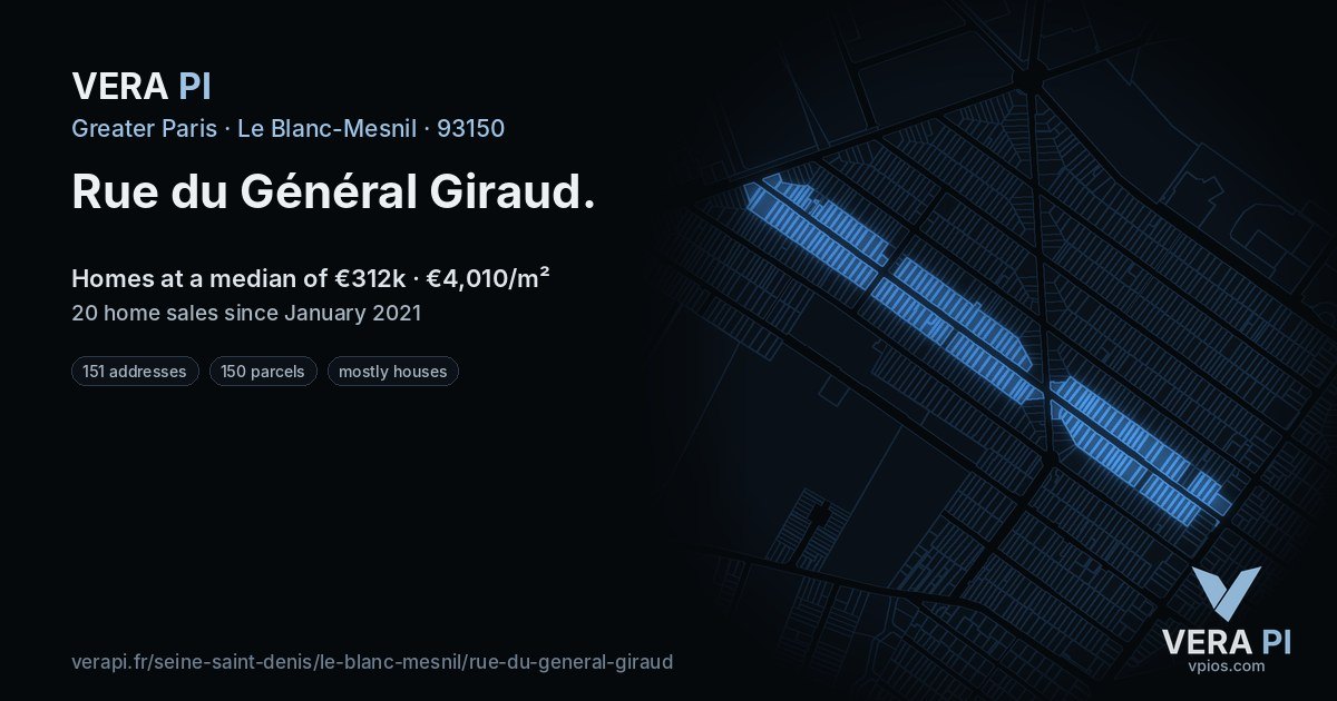 Rue du Général Giraud, Le Blanc-Mesnil at night – every parcel coloured by the prices around it, the street's own parcels lit