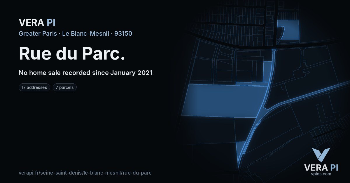 Rue du Parc, Le Blanc-Mesnil at night – every parcel coloured by the prices around it, the street's own parcels lit