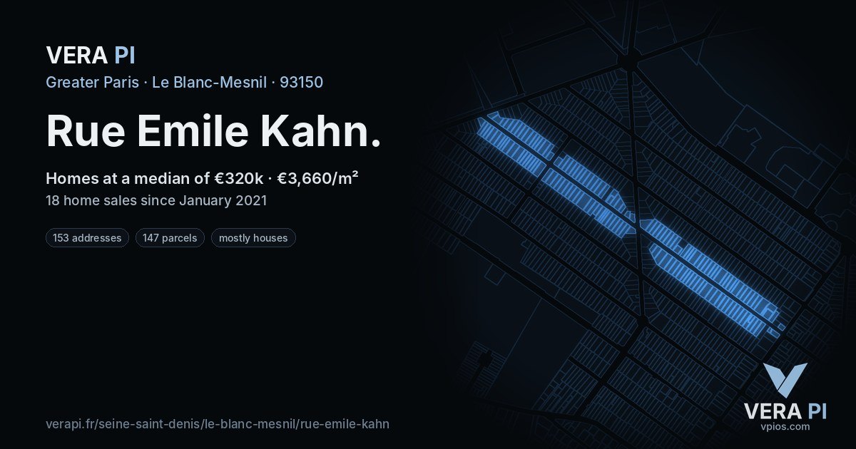 Rue Emile Kahn, Le Blanc-Mesnil at night – every parcel coloured by the prices around it, the street's own parcels lit
