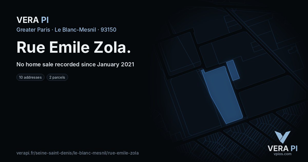 Rue Emile Zola, Le Blanc-Mesnil at night – every parcel coloured by the prices around it, the street's own parcels lit