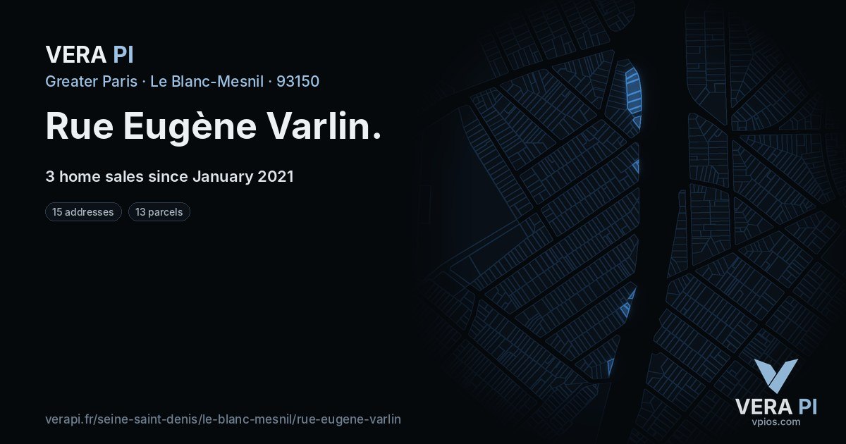 Rue Eugène Varlin, Le Blanc-Mesnil at night – every parcel coloured by the prices around it, the street's own parcels lit
