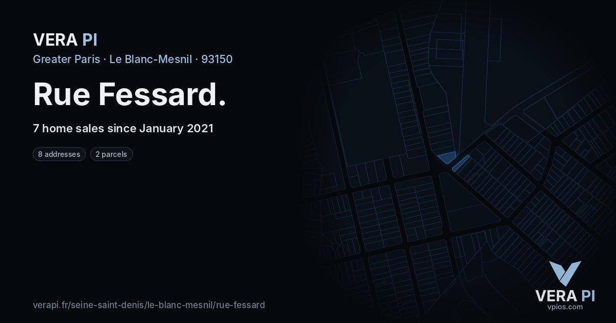 Rue Fessard, Le Blanc-Mesnil at night – every parcel coloured by the prices around it, the street's own parcels lit