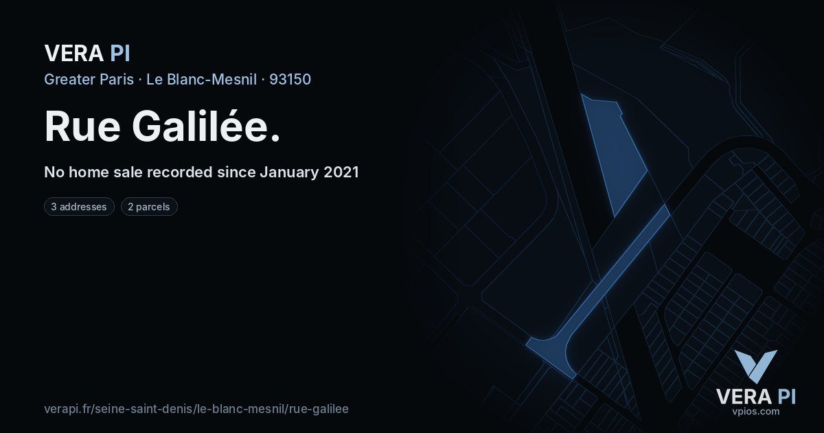 Rue Galilée, Le Blanc-Mesnil at night – every parcel coloured by the prices around it, the street's own parcels lit
