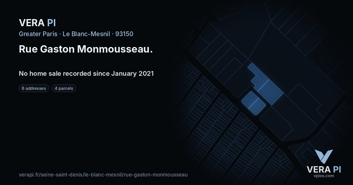 Rue Gaston Monmousseau, Le Blanc-Mesnil at night – every parcel coloured by the prices around it, the street's own parcels lit