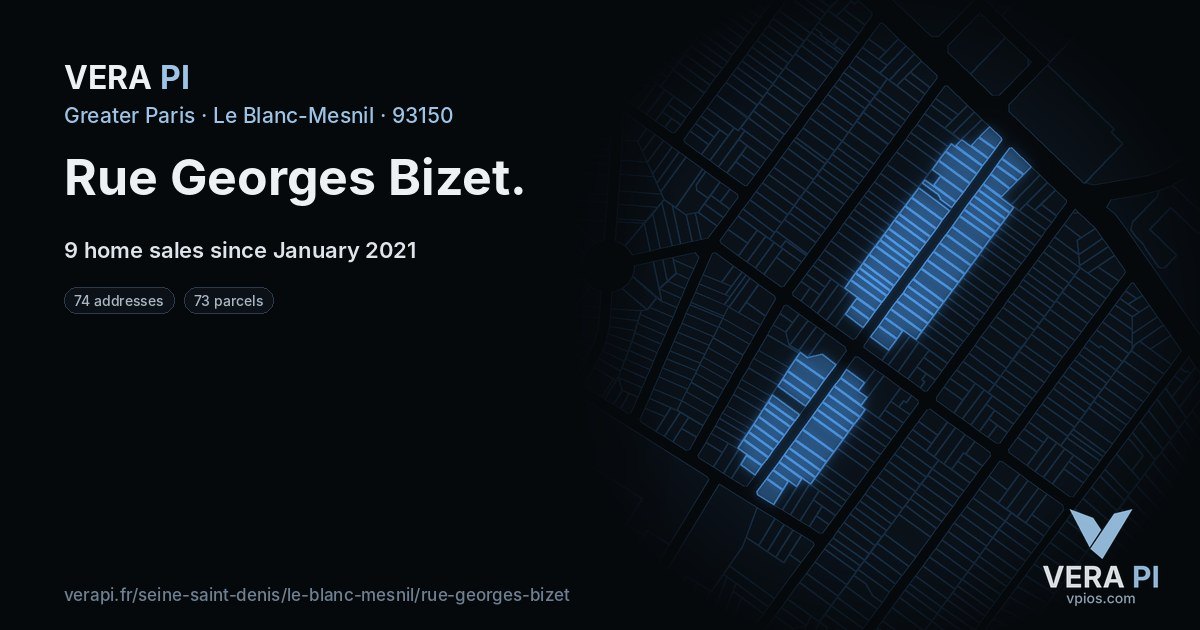 Rue Georges Bizet, Le Blanc-Mesnil at night – every parcel coloured by the prices around it, the street's own parcels lit
