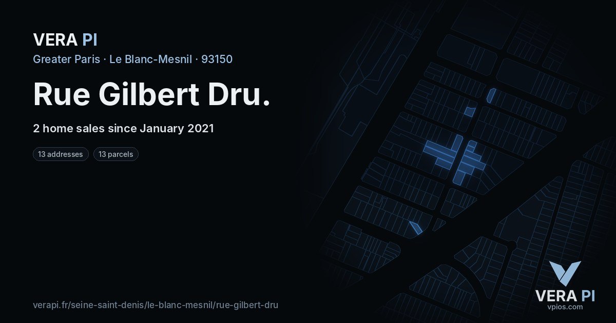 Rue Gilbert Dru, Le Blanc-Mesnil at night – every parcel coloured by the prices around it, the street's own parcels lit