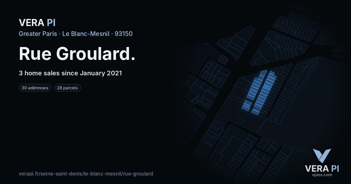 Rue Groulard, Le Blanc-Mesnil at night – every parcel coloured by the prices around it, the street's own parcels lit