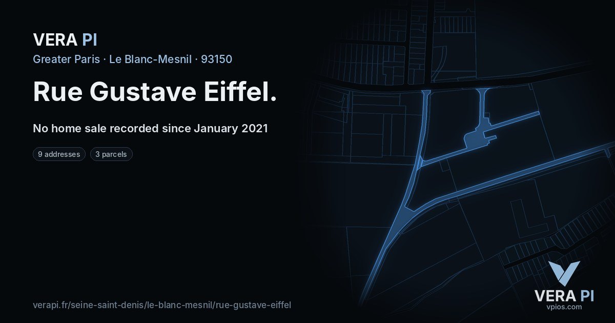 Rue Gustave Eiffel, Le Blanc-Mesnil at night – every parcel coloured by the prices around it, the street's own parcels lit