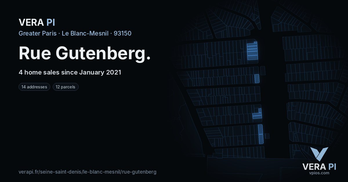 Rue Gutenberg, Le Blanc-Mesnil at night – every parcel coloured by the prices around it, the street's own parcels lit