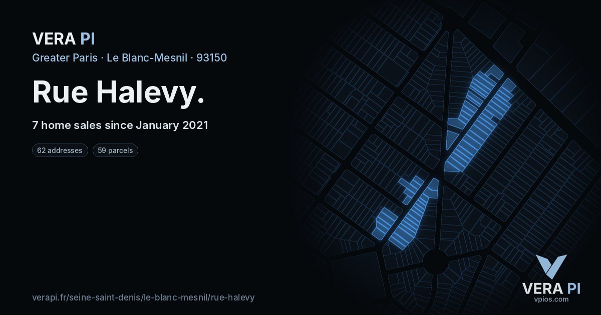 Rue Halevy, Le Blanc-Mesnil at night – every parcel coloured by the prices around it, the street's own parcels lit