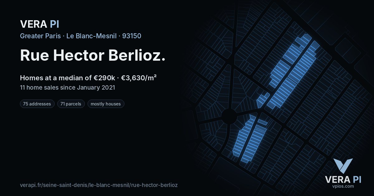 Rue Hector Berlioz, Le Blanc-Mesnil at night – every parcel coloured by the prices around it, the street's own parcels lit