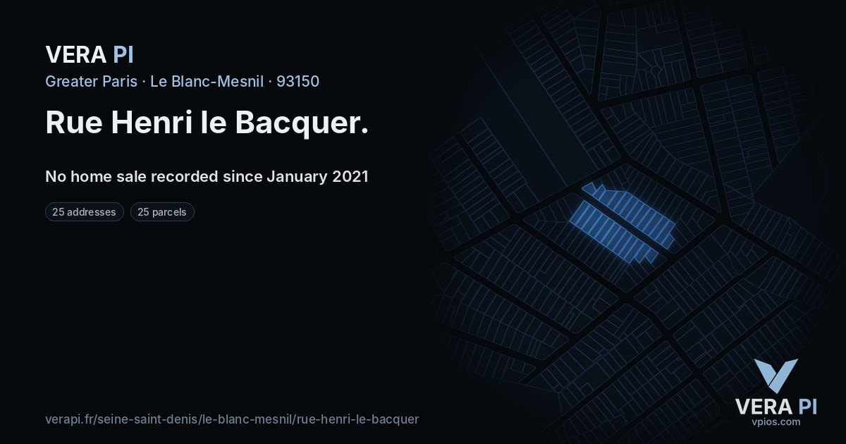 Rue Henri le Bacquer, Le Blanc-Mesnil at night – every parcel coloured by the prices around it, the street's own parcels lit