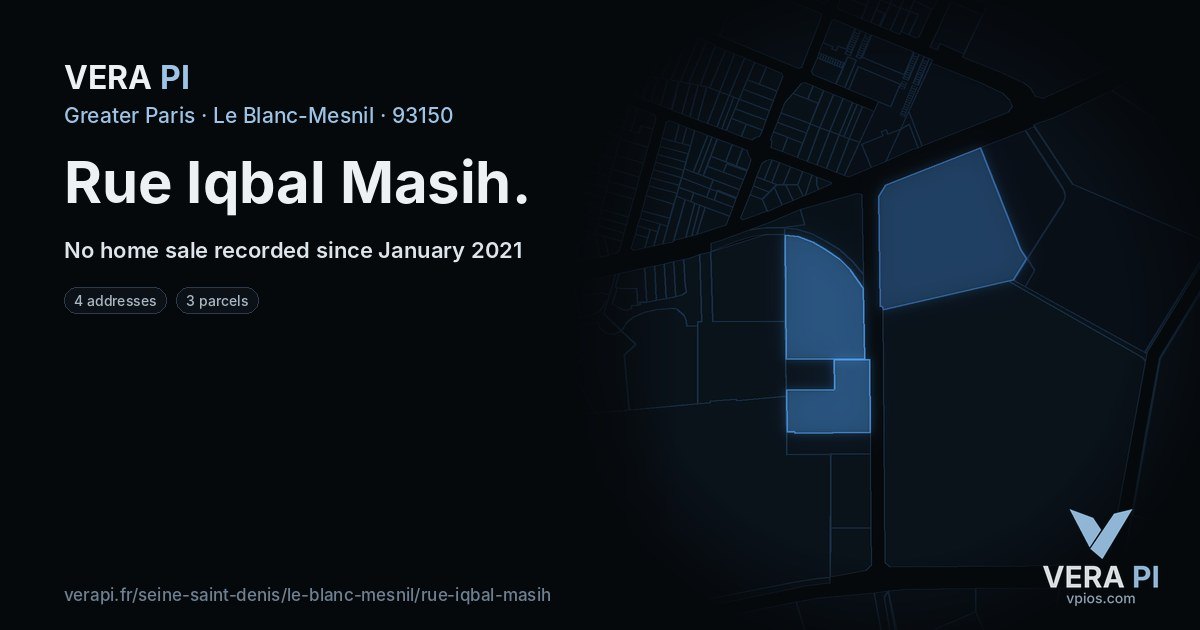 Rue Iqbal Masih, Le Blanc-Mesnil at night – every parcel coloured by the prices around it, the street's own parcels lit