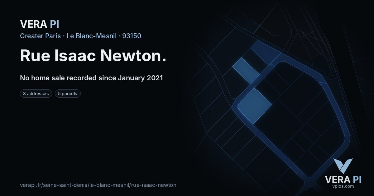 Rue Isaac Newton, Le Blanc-Mesnil at night – every parcel coloured by the prices around it, the street's own parcels lit