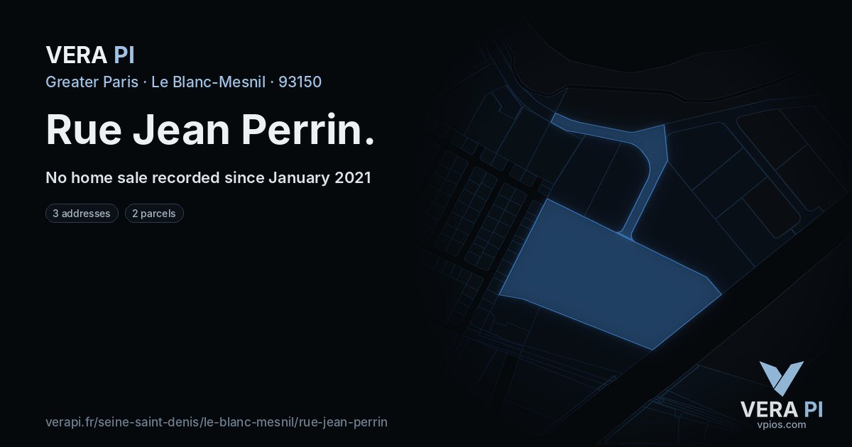 Rue Jean Perrin, Le Blanc-Mesnil at night – every parcel coloured by the prices around it, the street's own parcels lit